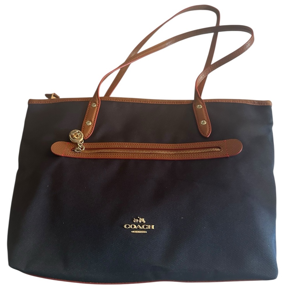 Coach Navy Nylon Tote Bag Leather Trim Gold Hardware Large Shoulder Bag Vintage